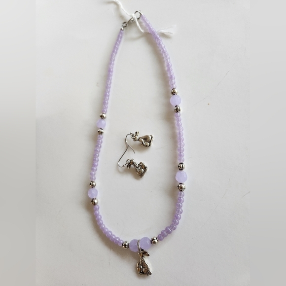 Hand Crafted Rabbit Charm Necklace Pierced Earrings Lavender Silver Easter Bunny - Picture 2 of 13